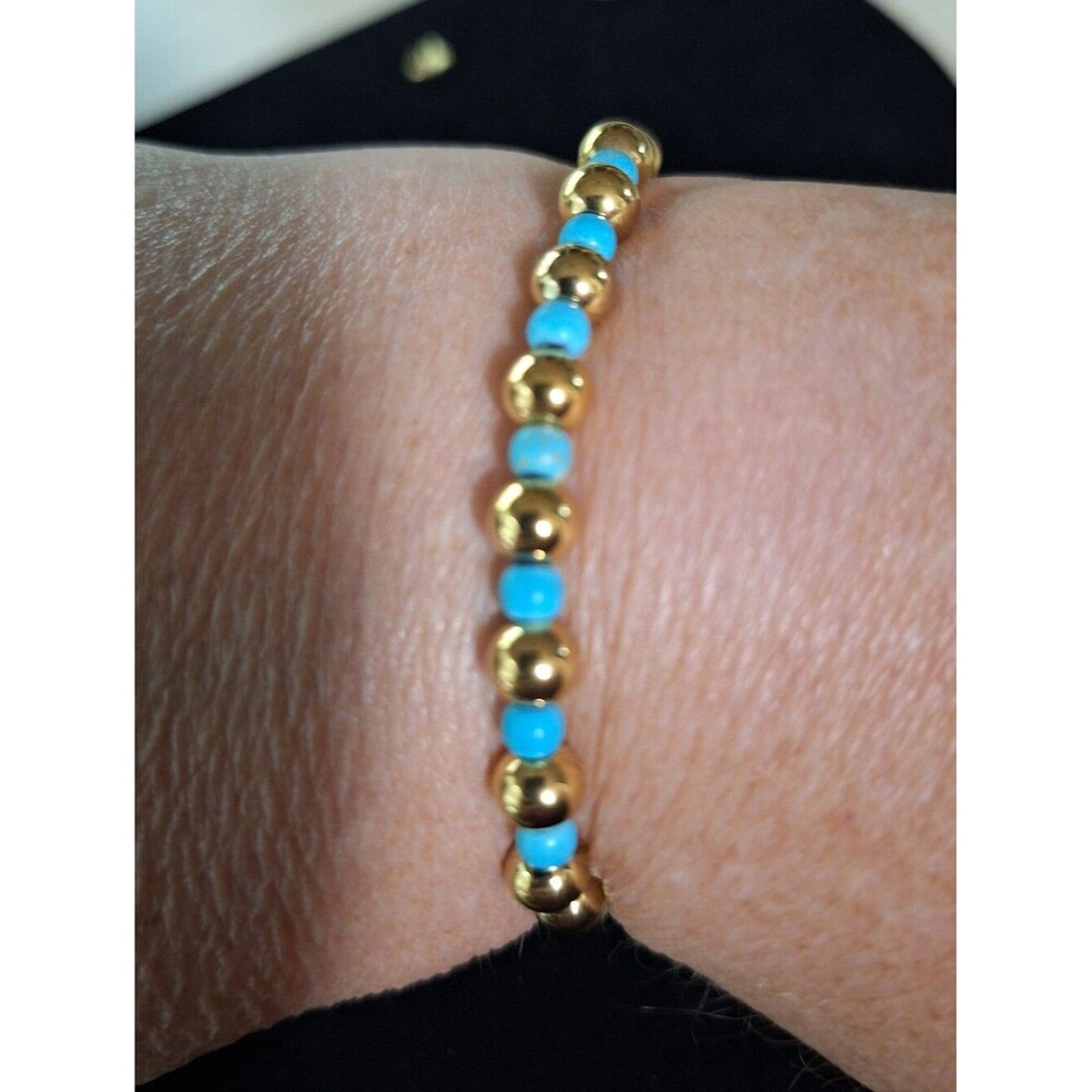 Gold and Turquoise Beaded Stretchy Bracelet